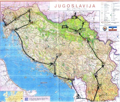 Voyage à travers toute la Yougoslavie, aujourd'hui ce pays n'existe plus, ce bloc s'est éclaté pour devenir les actuels Slovénie, Croatie, Bosnie-Herzégovine, Monténégro, Serbie et la Macédoine.